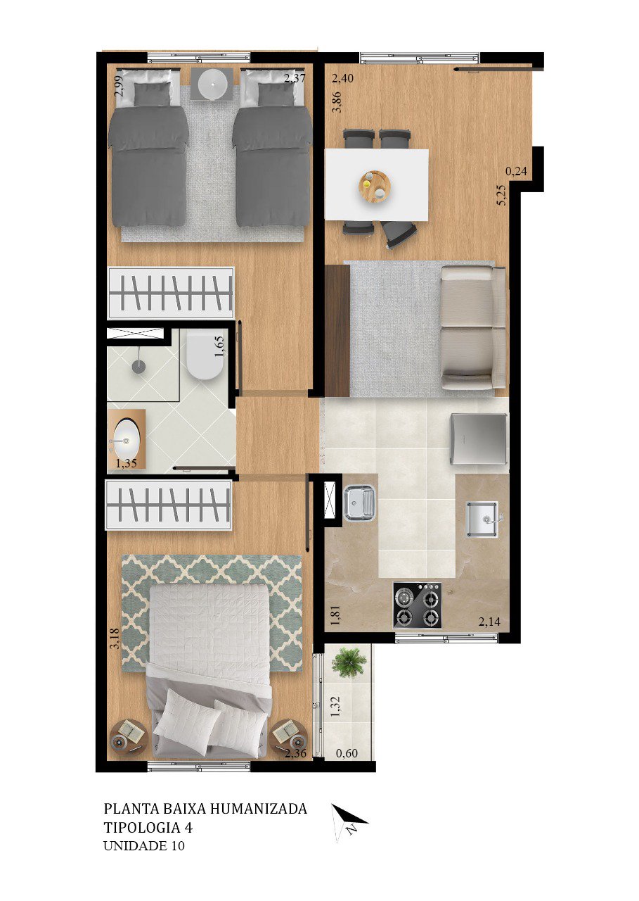 Destaque para o living amplo com sala de estar e jantar. Dois dormitórios, cozinha funcional e banheiro bem posicionado.