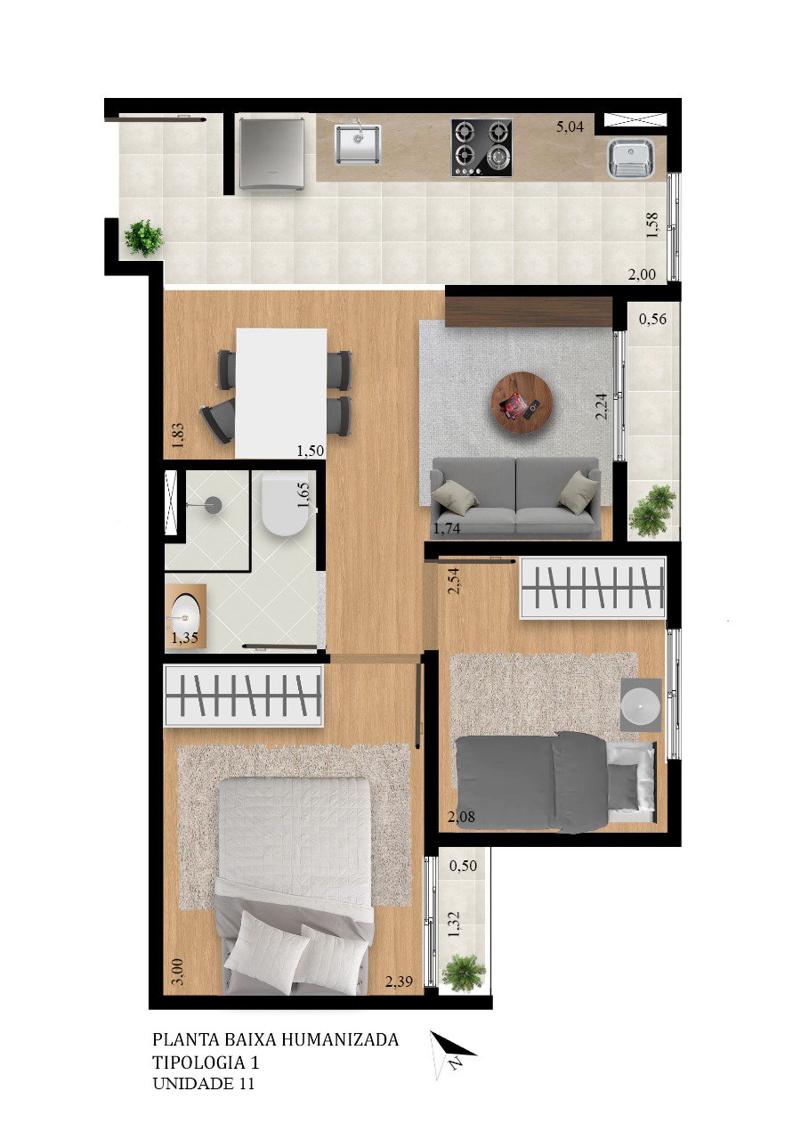 Layout com cozinha em linha e sala de jantar integrada. Dois quartos bem distribuídos e banheiro com ventilação natural.