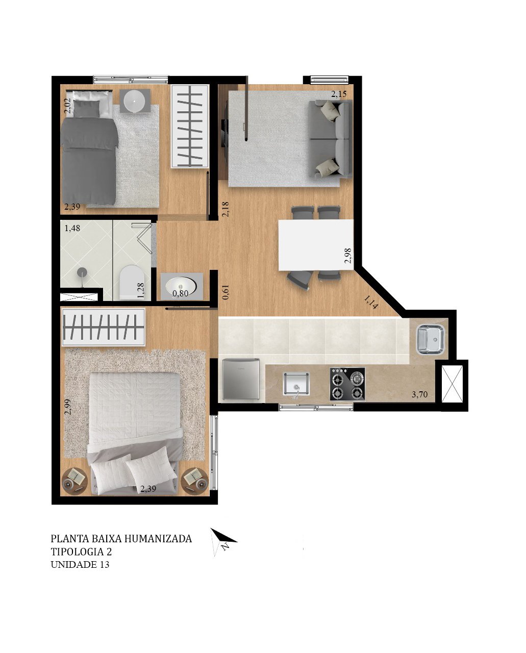 Planta otimizada com dois dormitórios, sala de estar e jantar integradas à cozinha, além de banheiro social. Ideal para casais ou pequenas famílias.
